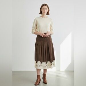 VTG Brown Skirt Crochet Midi Medium CottageCore Twee Demure Fairy Shabby Chic‎